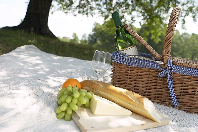 panier pic nique avec une bouteille de vin, du raison et du fromage